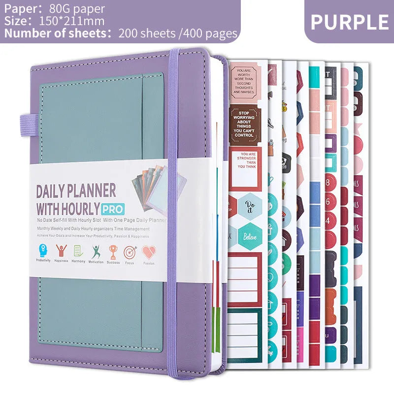 A5 notebook with PU cover, open to show no-date strap and thread binding, with planning stickers.