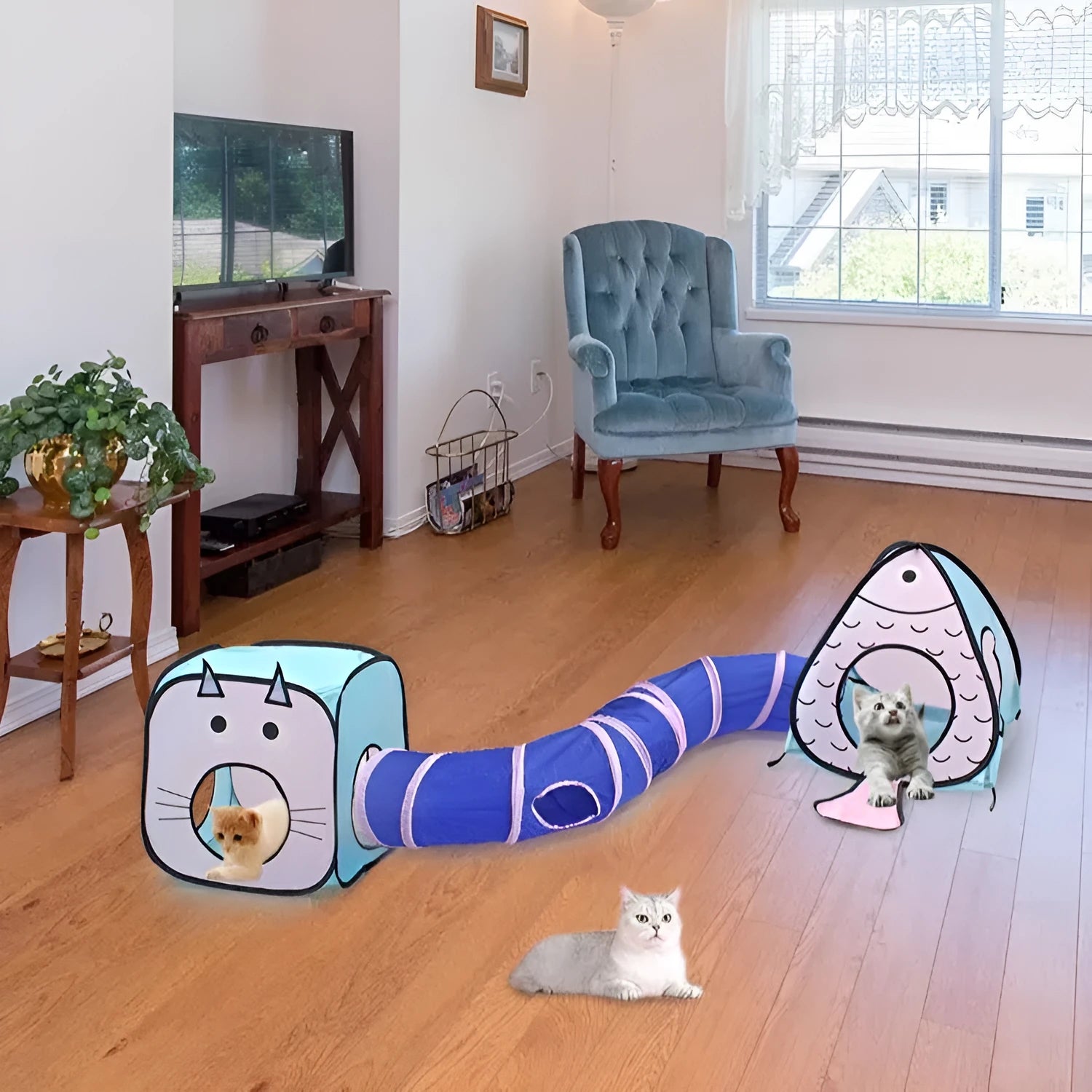 Foldable pet tent and cat tunnel three-piece set with cat and fish pattern
