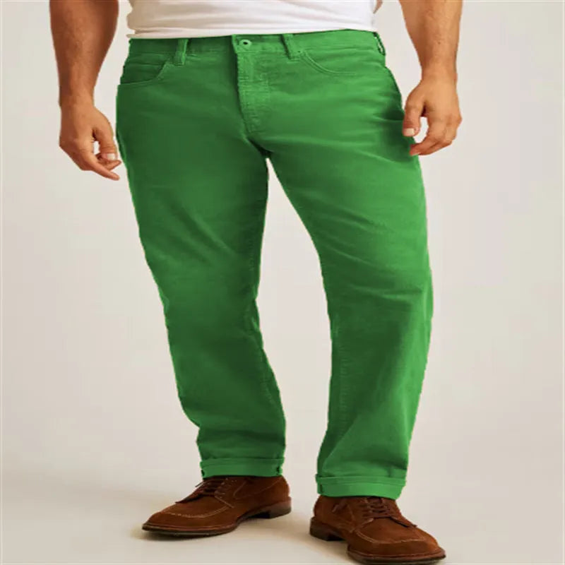 Men's loose fit straight leg corduroy trousers in Army Green colour.