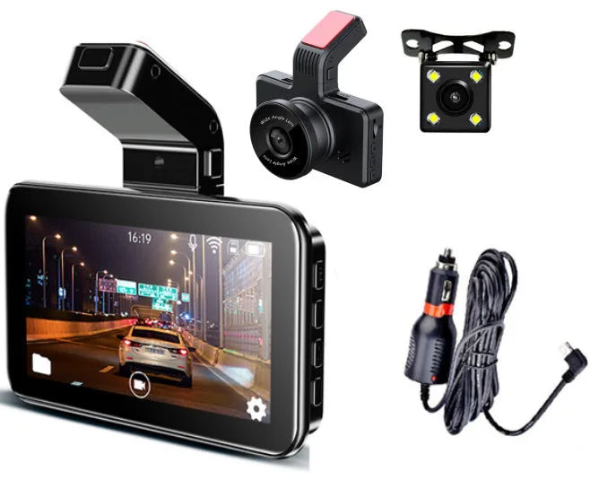 Black 3-inch screen car dash cam with dual lenses for front and rear recording on a car windscreen.