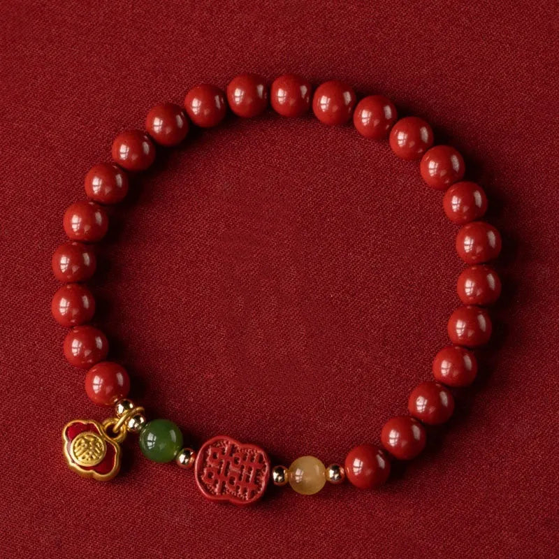 Emperor sandstone bracelet with cinnabar fu character in New Chinese style, shown in 6mm and 8mm bead sizes.
