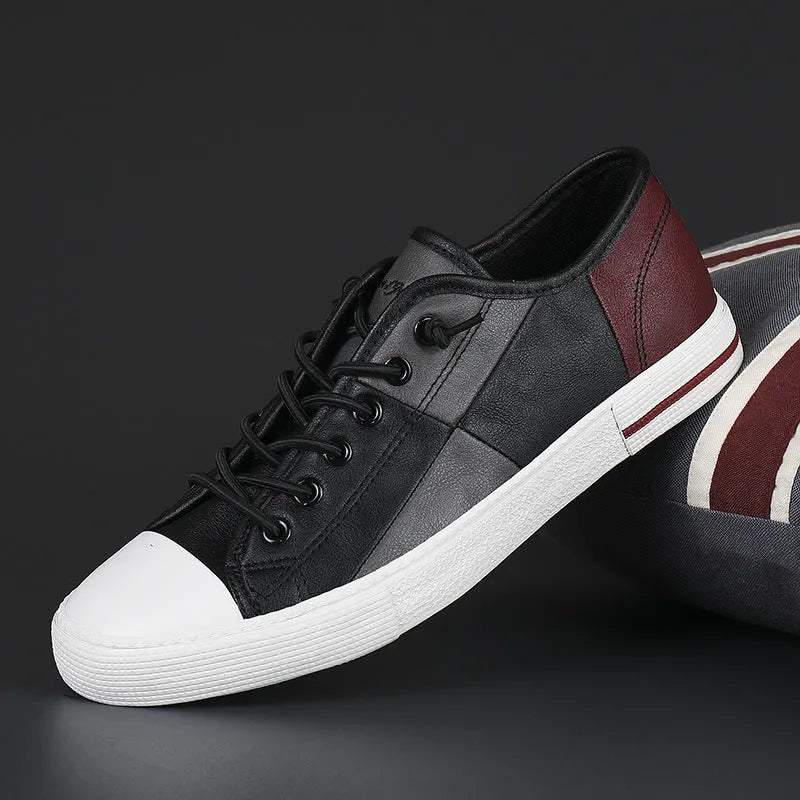 Men's colour-contrast microfiber leather pumps with rubber vulcanised sole, flat heel, round toe, shown in black and white colour option