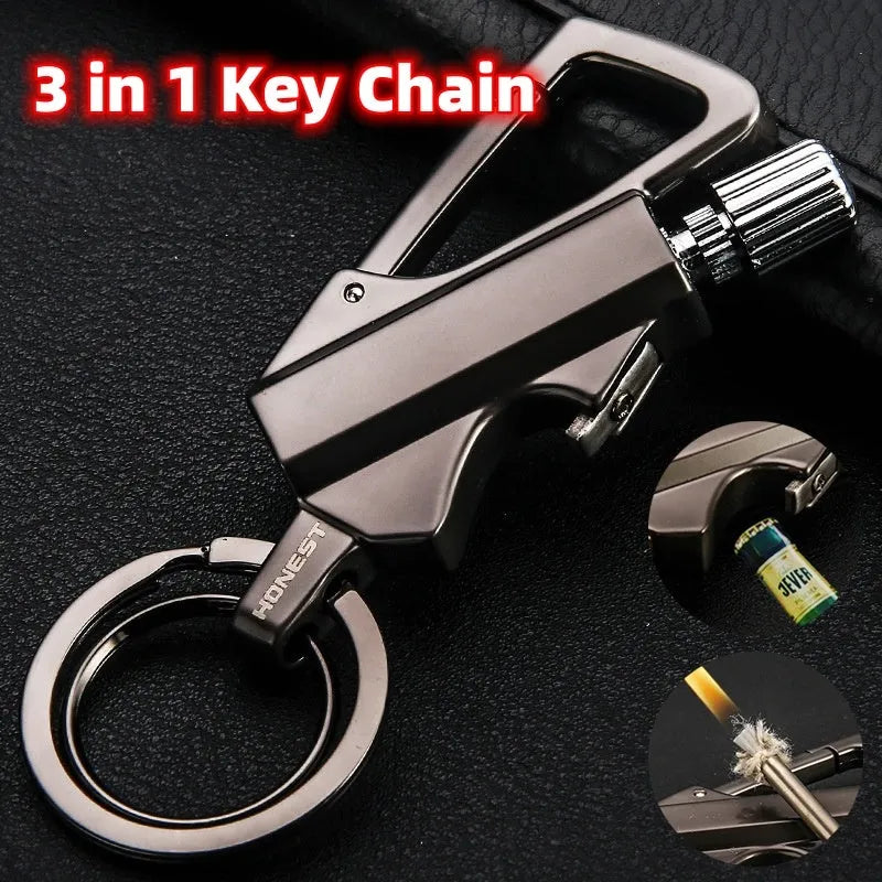 Creative metal keychain lighter with flint strike, bottle opener, and key ring in black nickel finish