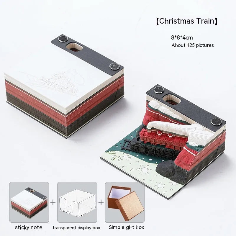 3D sticky notes with paper carving Qingshui Temple design and Christmas Train cover colour