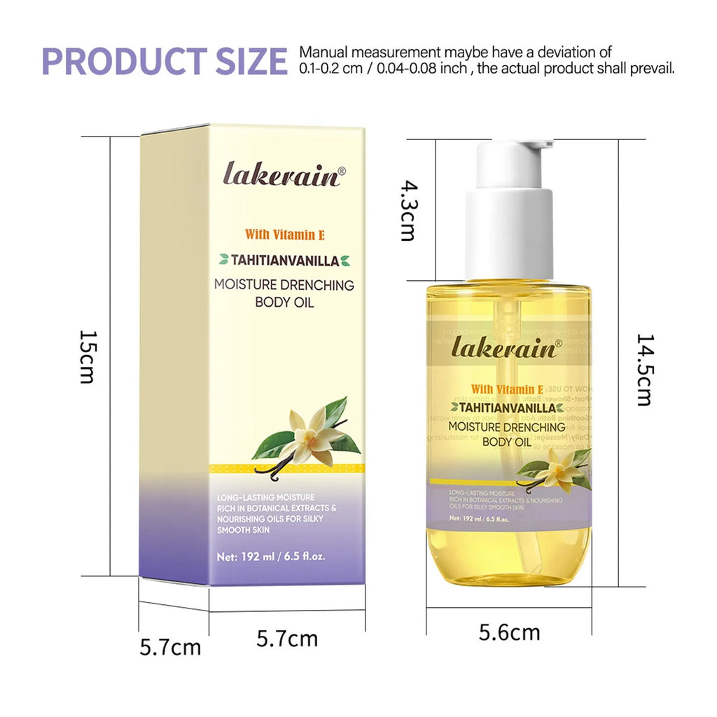 Vanilla flavoured moisturizing body oil in 192ml bottle for all skin types