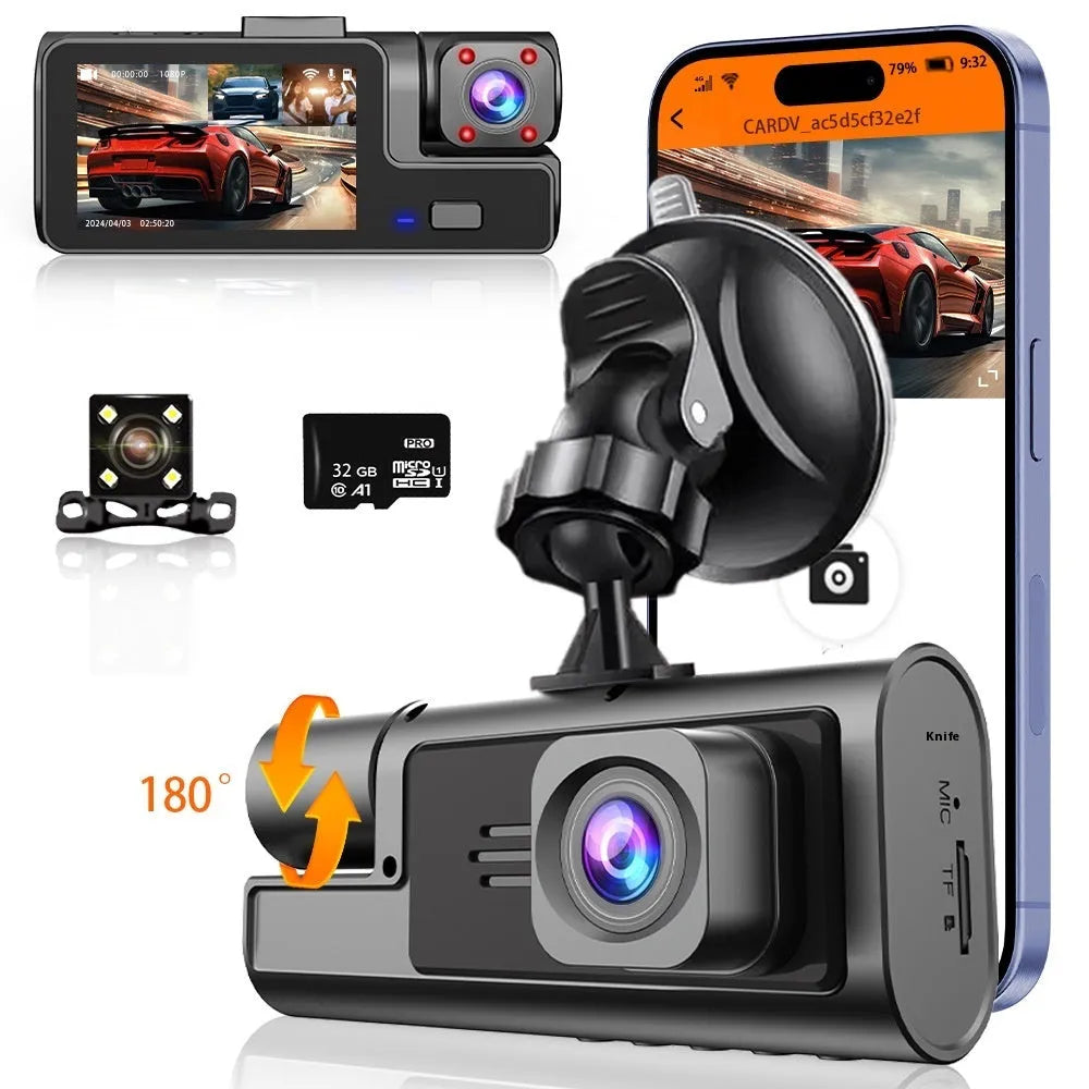 WiFi-enabled car dash cam with 2-inch screen for front and rear vehicle recording and parking aid display