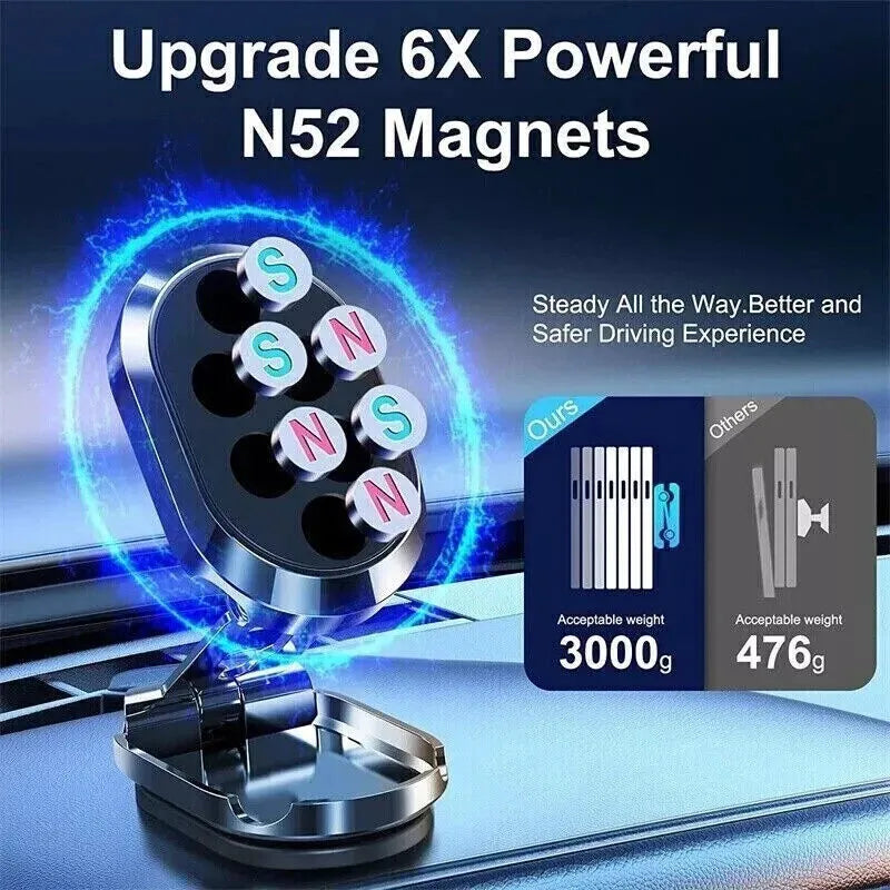Chrome magnetic car phone holder with 360-degree rotation on dashboard