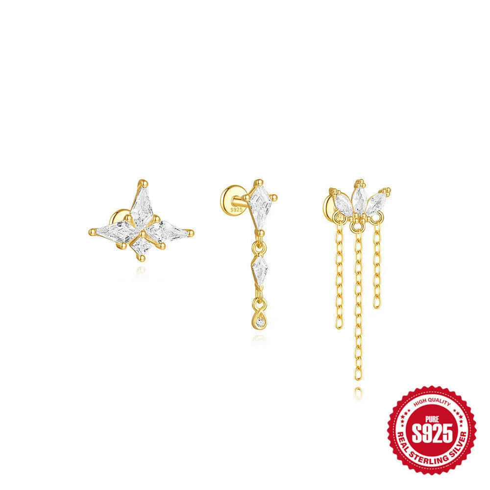 S925 sterling silver geometric kite shape earrings with chain tassel and rhinestone details