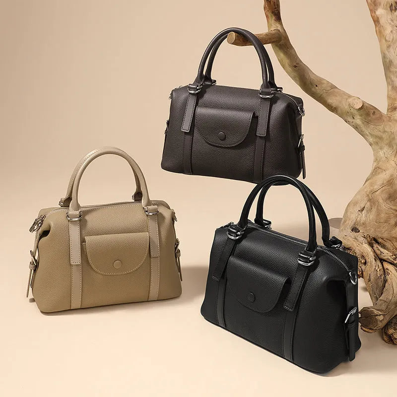 Genuine leather women's handbag in black, grey, or brown with contrast stitching