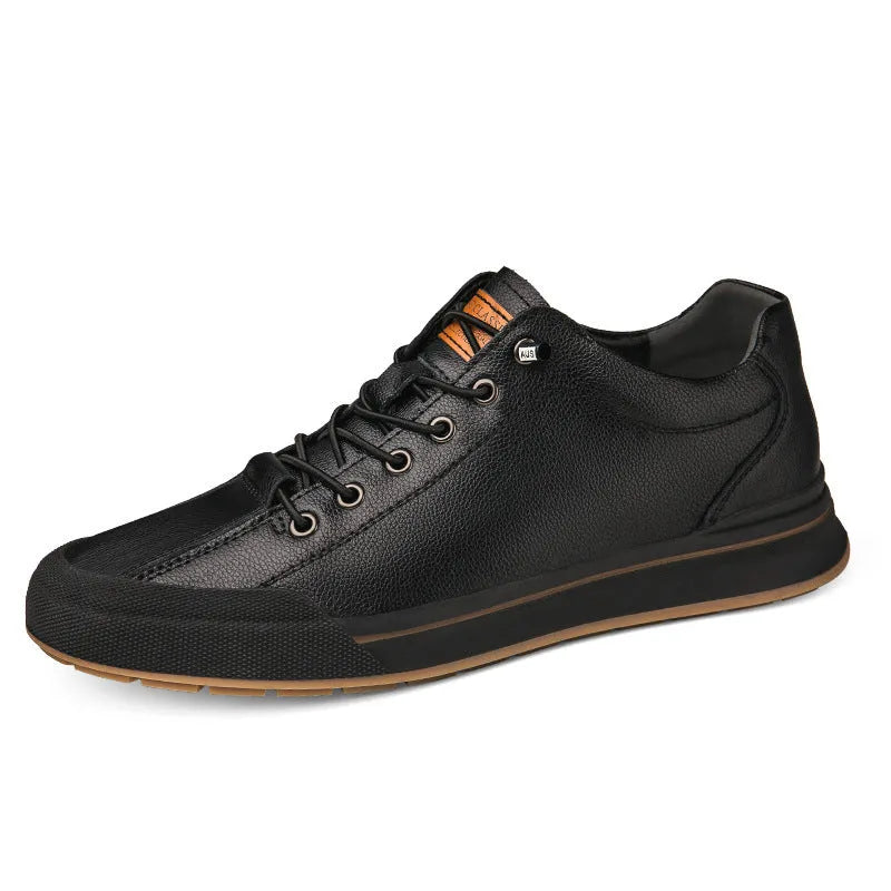 Men's white leather casual trainers with round toe and flat heel on size chart