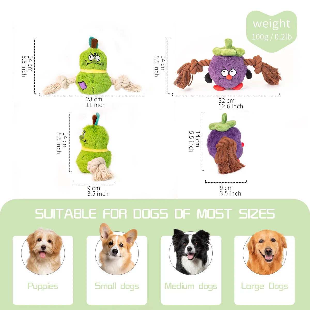 Green interactive dog plush rope knot tug toy with molar tooth chew centre on a white background.