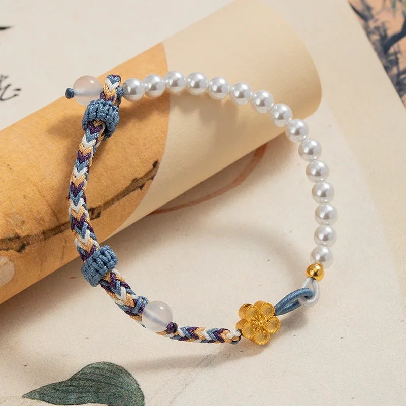 Colourful woven cord strap with electroplated finish, pearls, and flowers in Peach You Are Happy colour