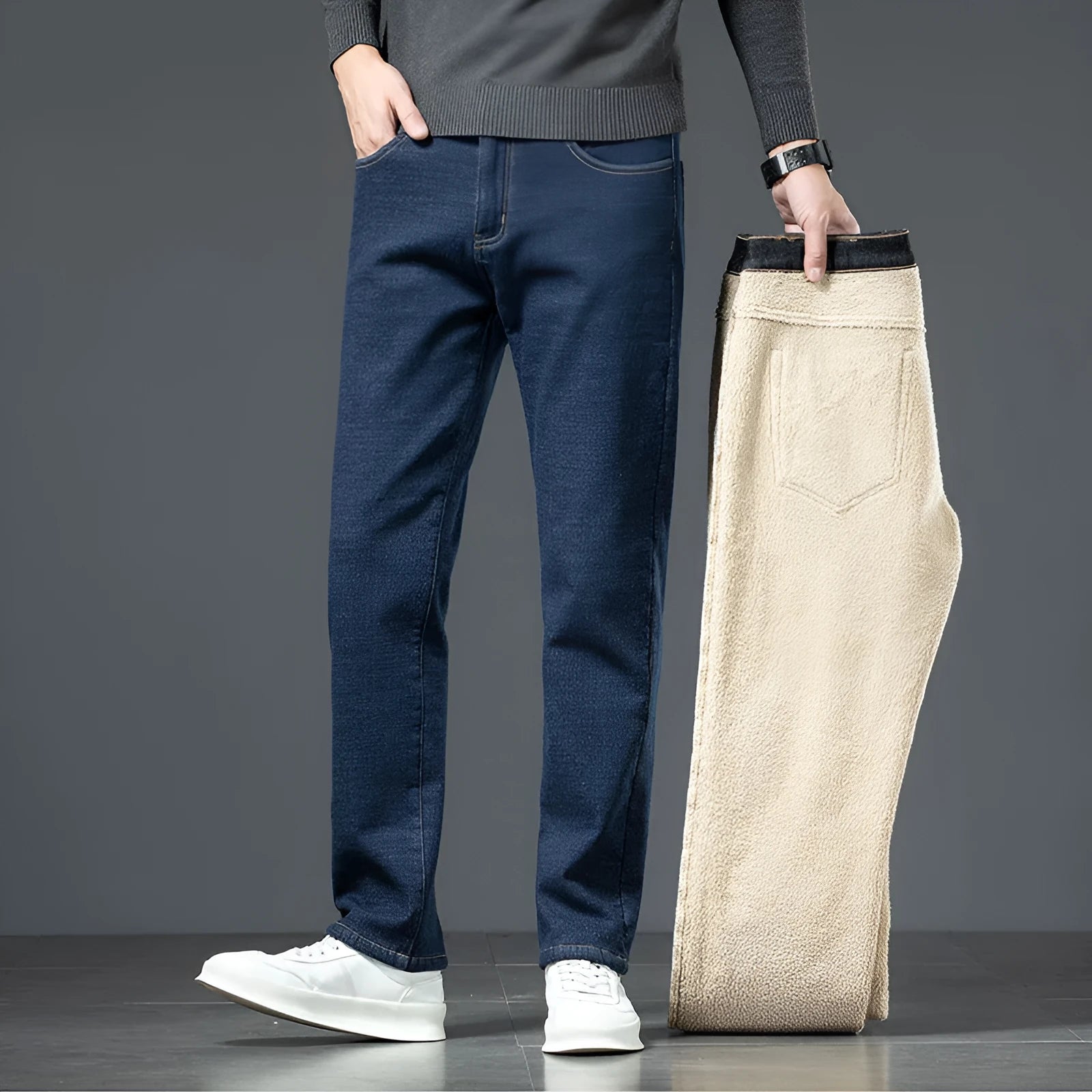 Men's loose straight fleece-lined jeans in black, mid-rise, zipper fly, winter wear