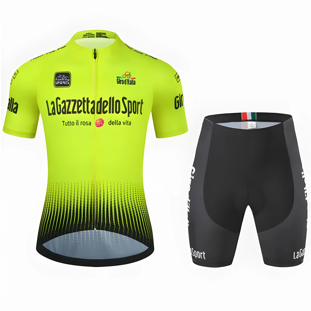 Cycling jersey and shorts set in polyester fabric for men and women, shown in available colours.