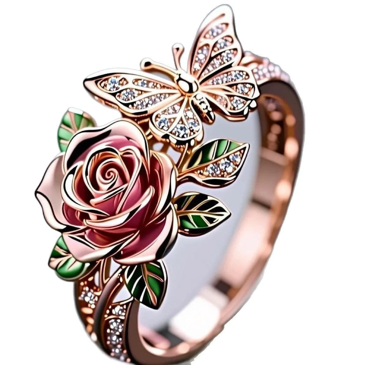 Adjustable fairy style ring with colourful oil-drip butterfly pendant and floral elements