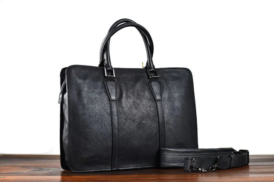 Men's 14-inch leather business handbag in khaki with horizontal design and zipper