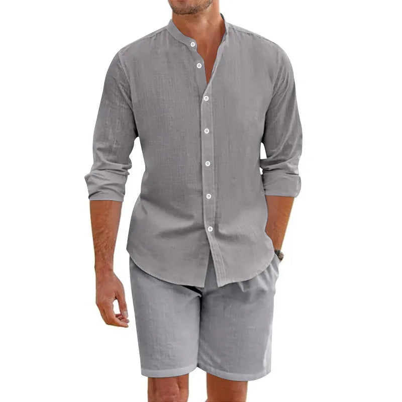 Men's light blue linen blend short sleeve shirt and matching drawstring shorts summer outfit.