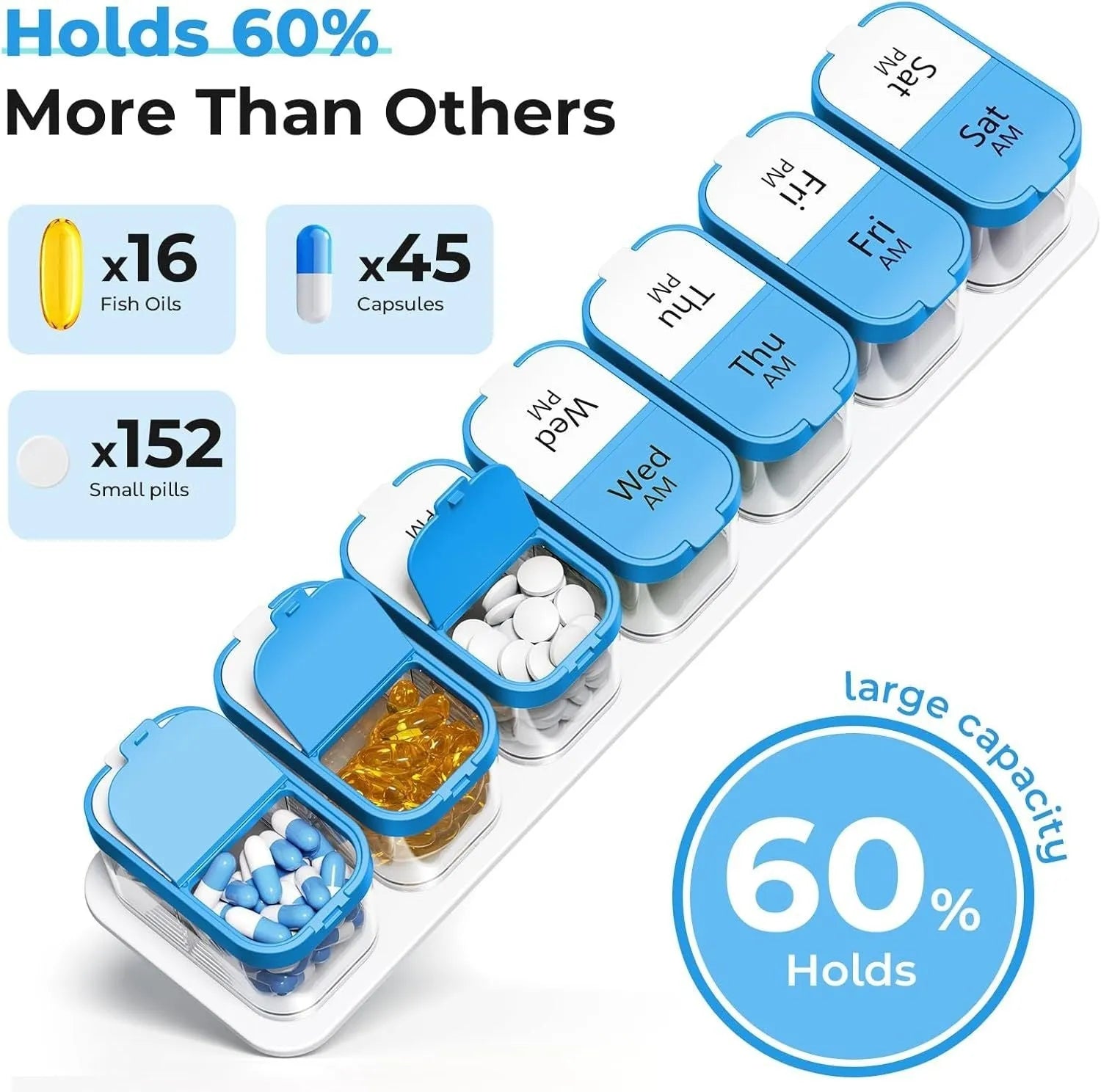White and rainbow coloured Amazon extra large pill organiser with 14 removable compartments shown open.