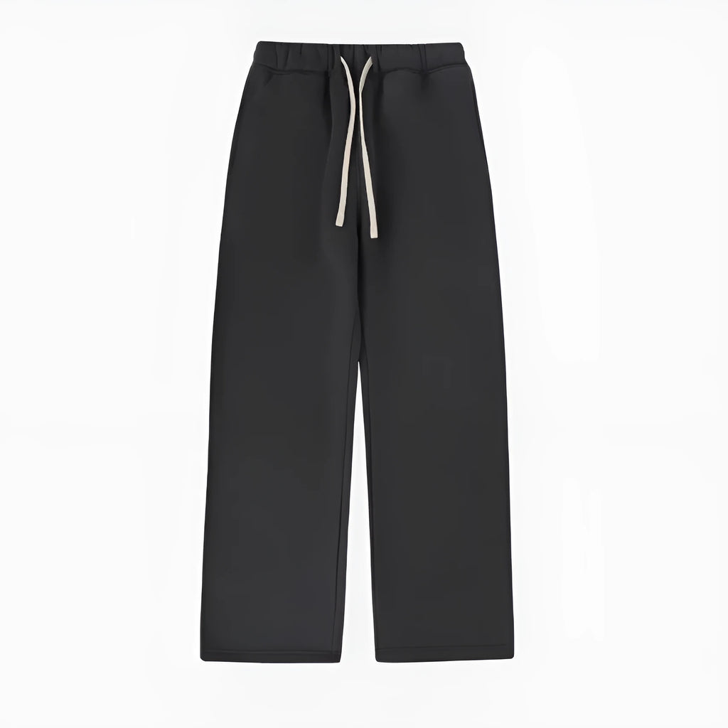Men's black fleece-lined sweatpants with elastic drawstring waistband and loose fit trousers