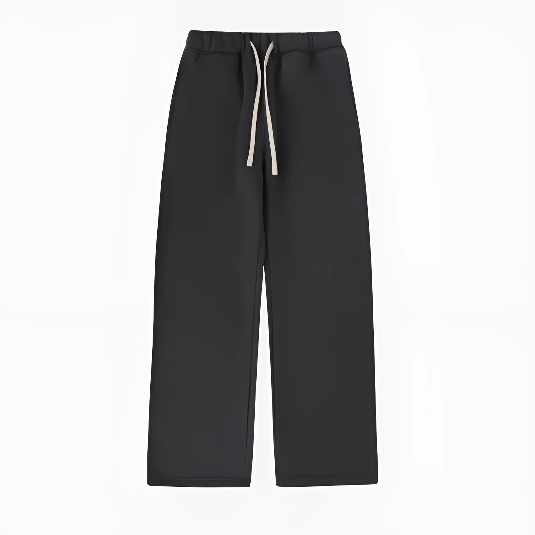 Men's black fleece-lined sweatpants with elastic drawstring waistband and loose fit trousers