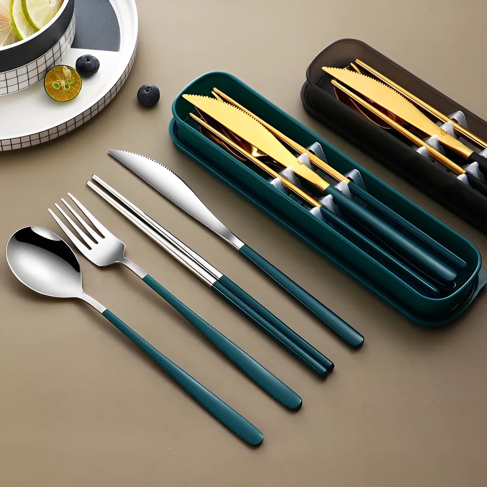 304 stainless steel portable cutlery set with knife fork spoon and gold mesh bag on table