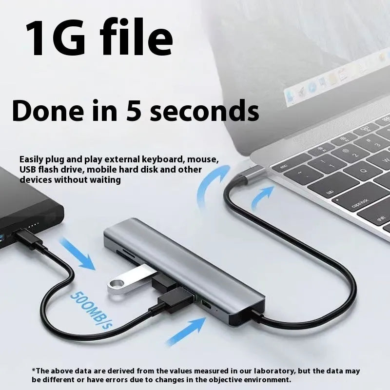 USB-C 7-in-1 aluminium expansion dock with HDMI port, USB ports, and card slots.