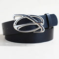 Men's silver buckle casual belt with PU leather strap, showing snap button closure.