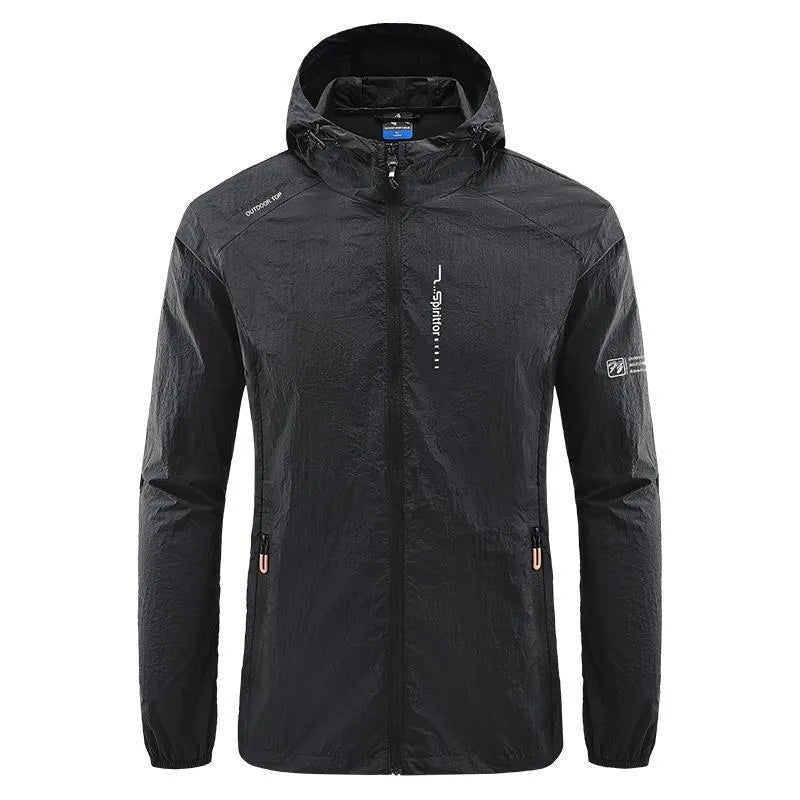 Men's thin nylon hooded summer jacket in light grey colour showing loose fit design
