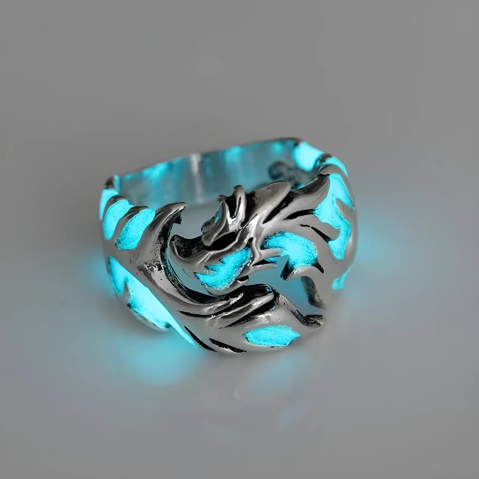 Adjustable Chinese dragon pattern ring showing antique silver blue electroplated finish