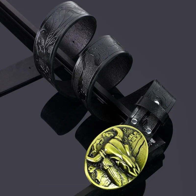 Men's imitation leather belt with detailed alloy cowboy head buckle in black or brown colours