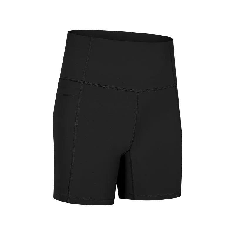 Women's black stretch cotton blend sports shorts, mid-thigh length, for running and gym workouts