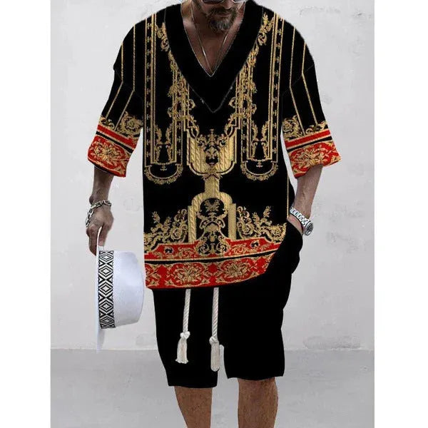 Men's loose casual short sleeve suit with matching shorts in polyester fibre