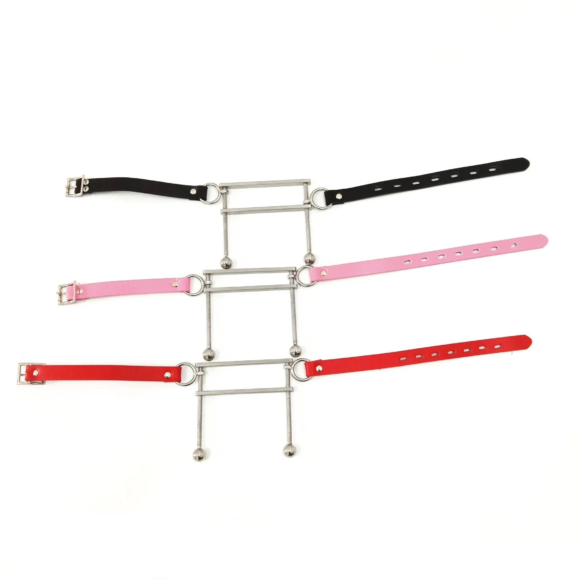 Stainless steel BDSM gag in black with metal ring and buckle straps