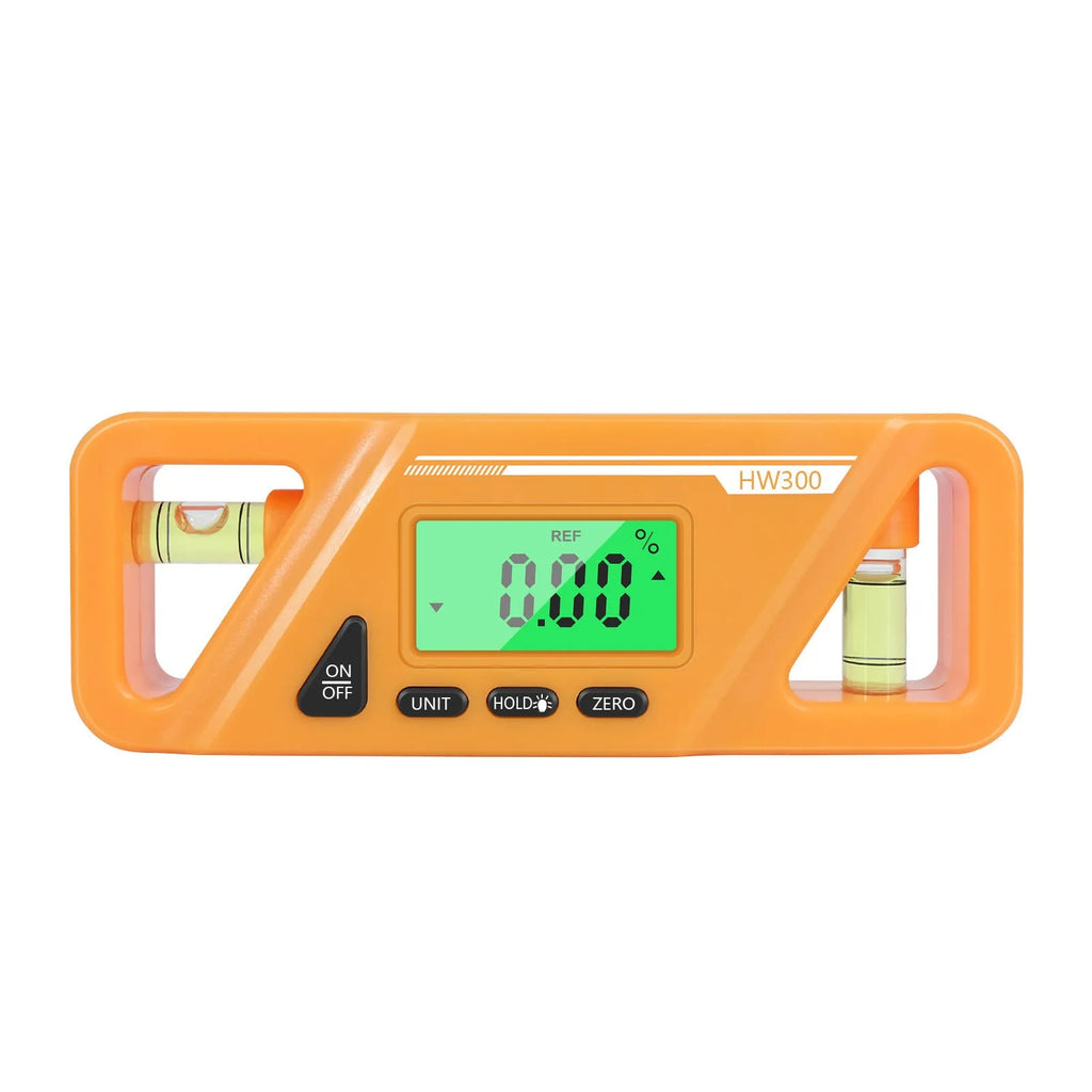 Digital magnetic inclinometer angle gauge showing display, placed on a metal surface.