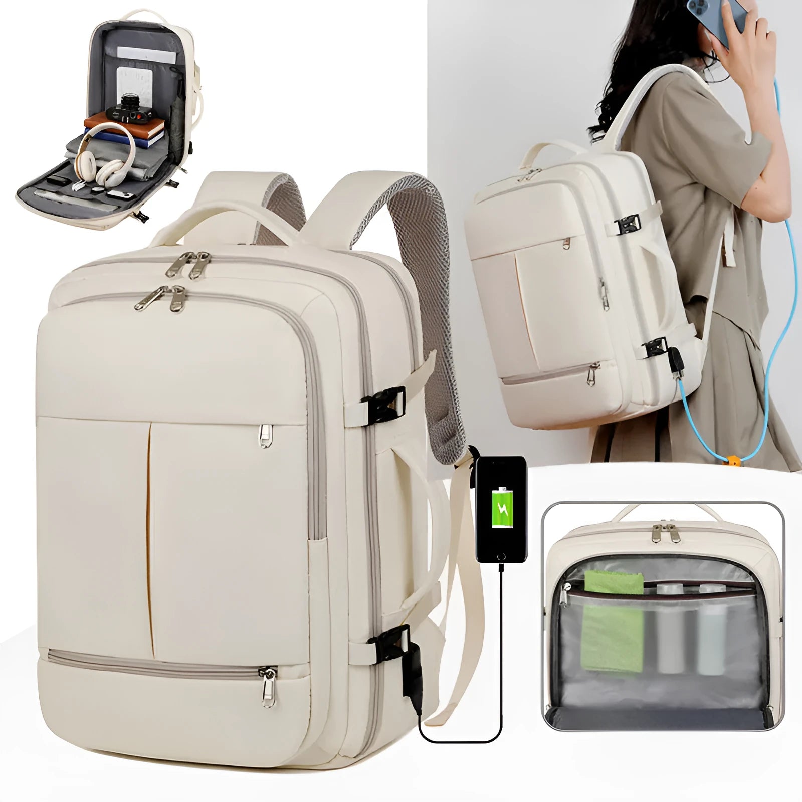 Large black waterproof backpack with multiple pockets and zippers for business travel