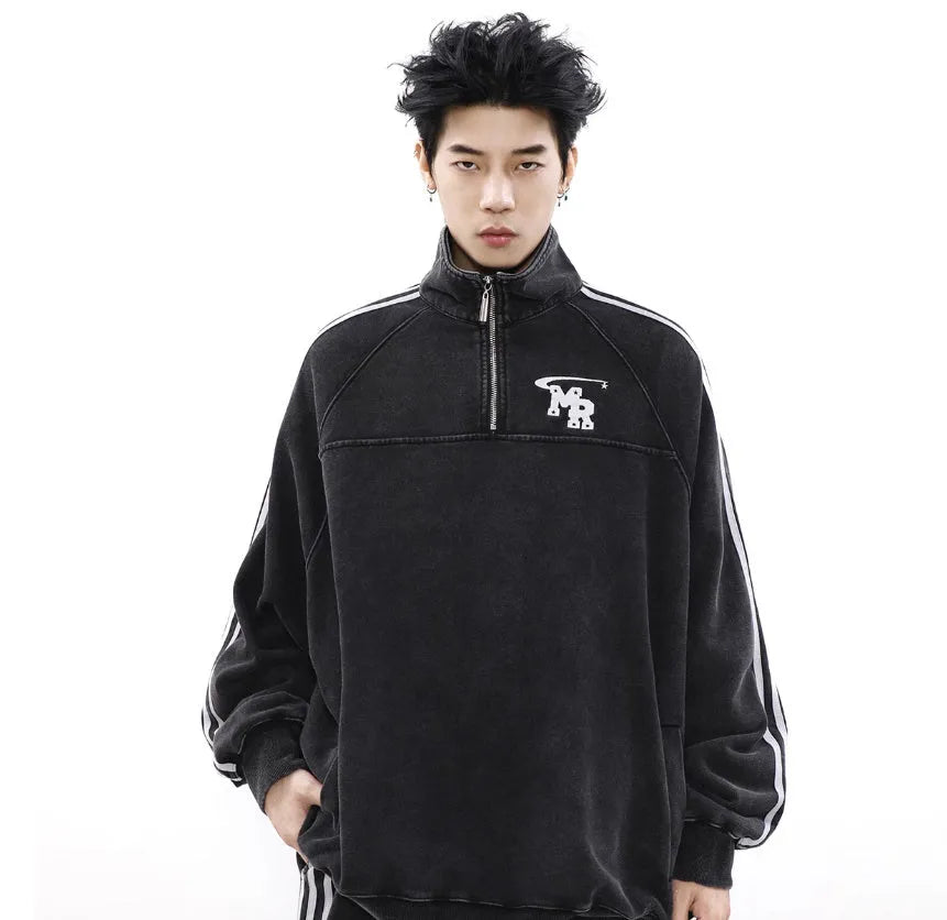Black Hong Kong style retro sports hoodie with stand collar and long sleeves.