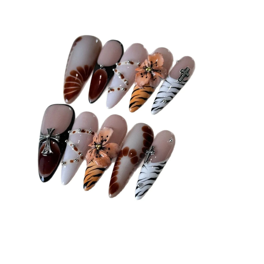 French leopard print false nail set with cross and floral patterns in four sizing options