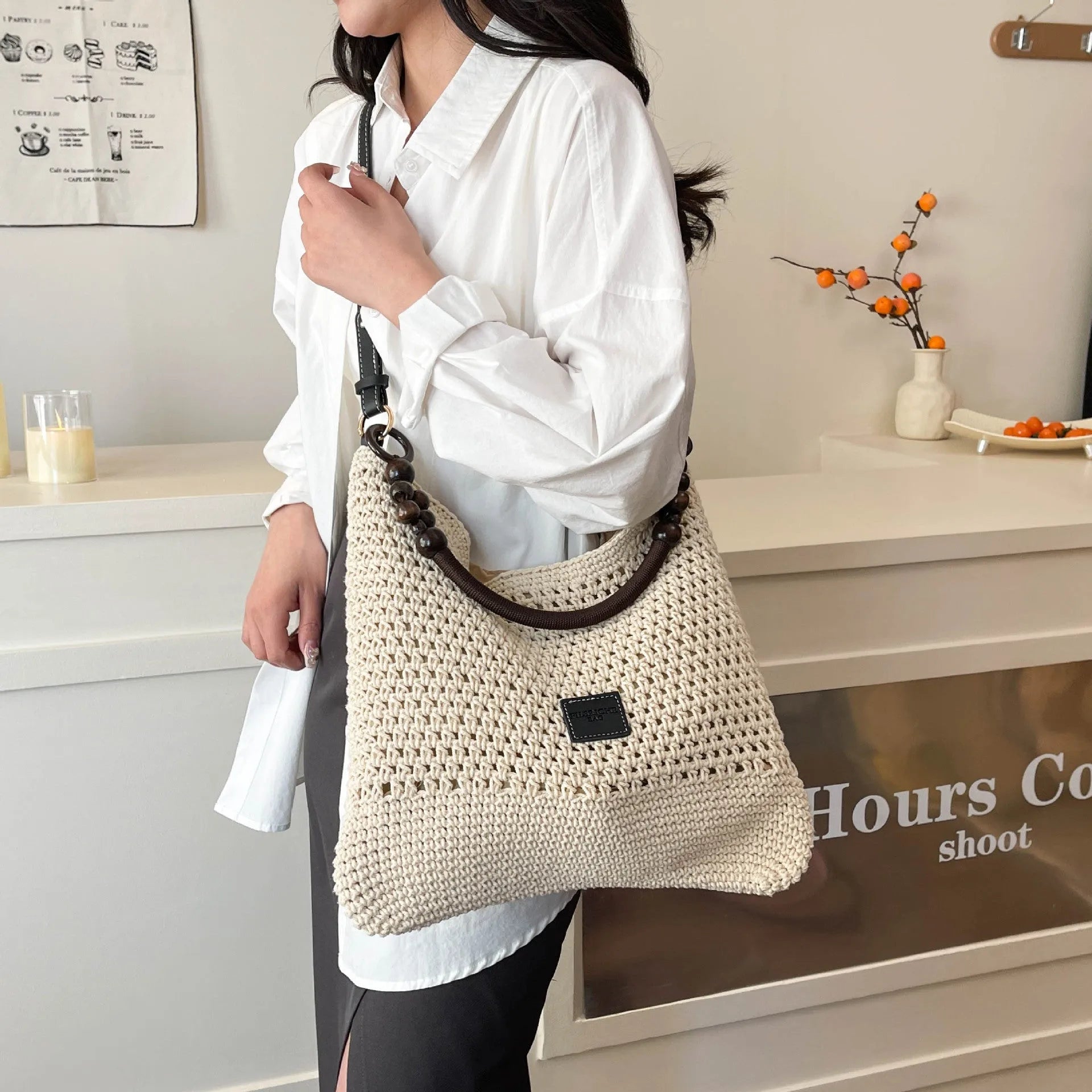 Large knitted tote beach bag with contrast stitching, urban simplicity style, black colour, crossbody strap