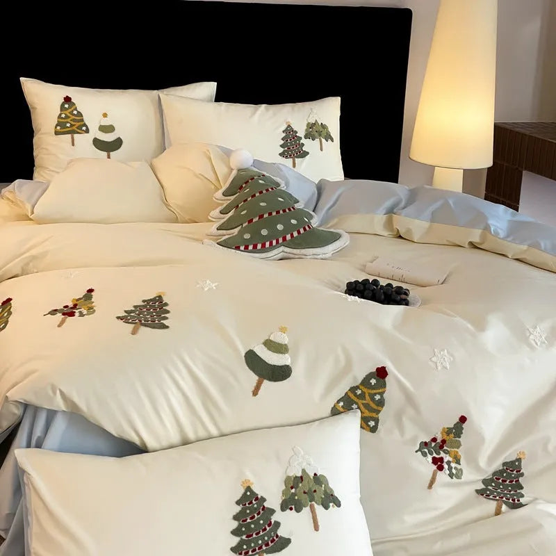 Cute Christmas tree towel embroidered pure cotton bedding set in cream blue or green green with floral patterns