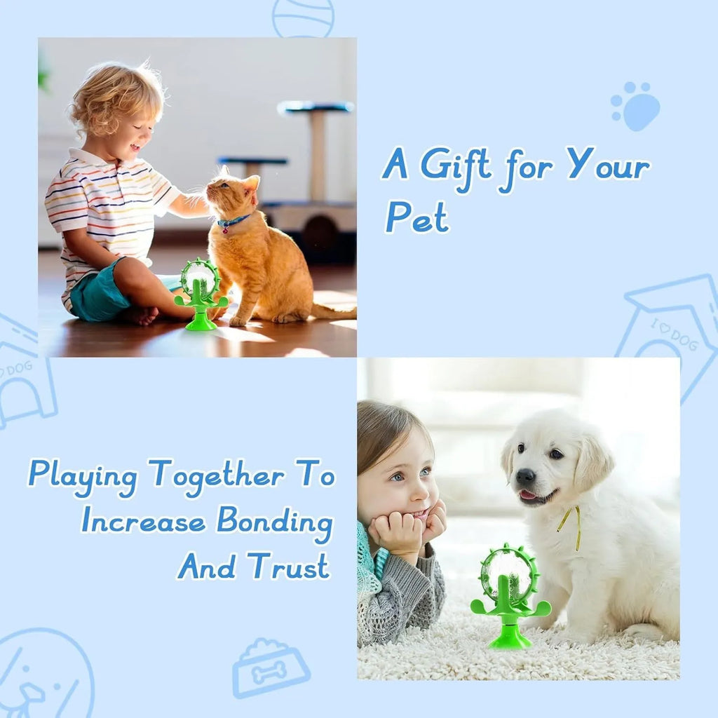 Interactive pet spinner toy with food dispenser holes and floor sucker base for cats and small medium dogs