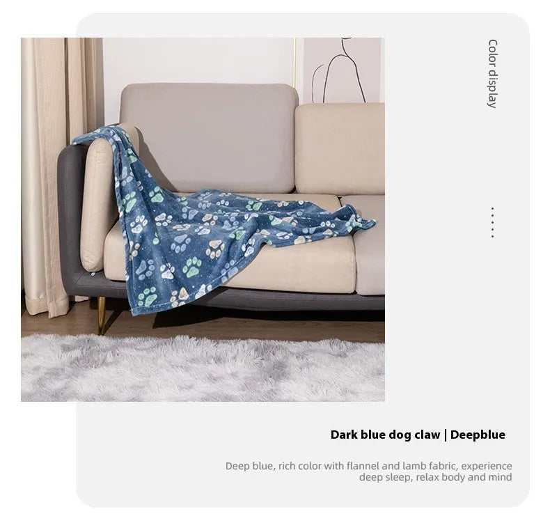 Double-sided dog blanket with cartoon anime pattern in blue dog print, shown beside size options