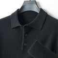 Men's grey wool pullover sweater with a polo collar and long sleeves showcasing collage stitching detail.