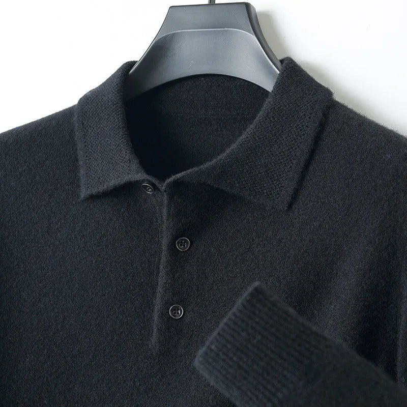Men's grey wool pullover sweater with a polo collar and long sleeves showcasing collage stitching detail.