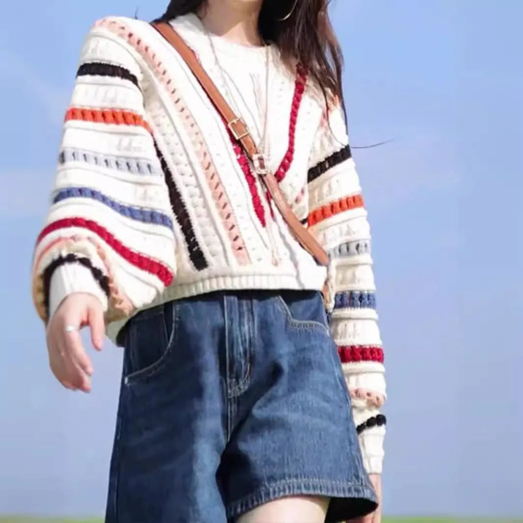Rainbow striped hollow knit sweater with batwing sleeves in Japanese-Korean casual style