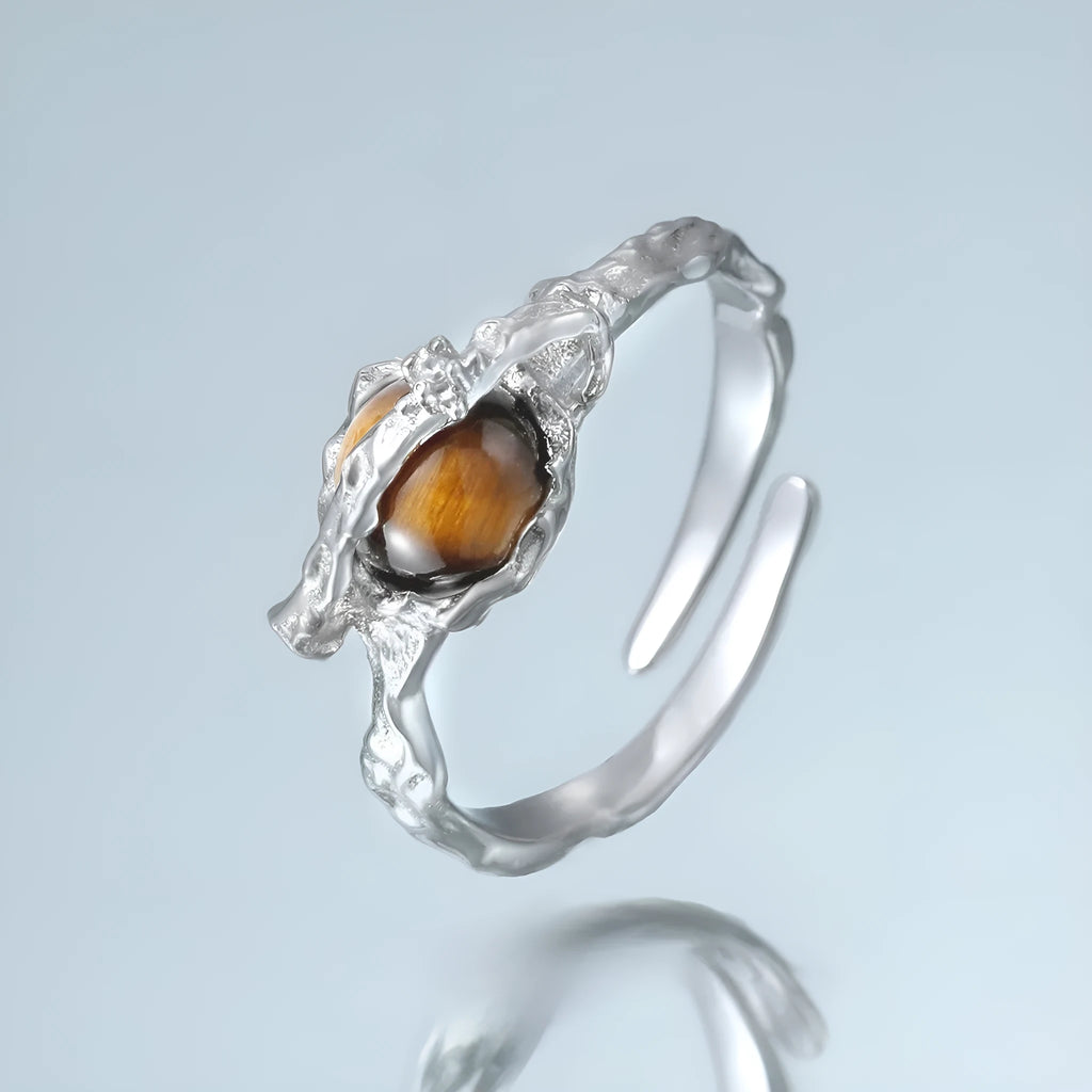 Women's adjustable Saturn tiger's eye open ring with white gold electroplating on silver