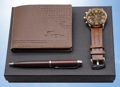 Business gift set containing a watch, wallet, and pen in a gift box, shown in brown and black colour options.