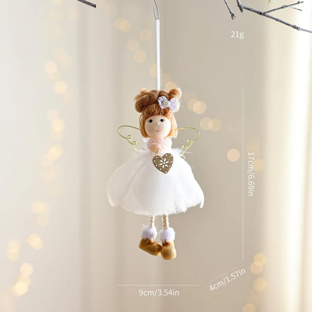 White Christmas tree angel girl ornament with snowflake design made from metal plastic cloth