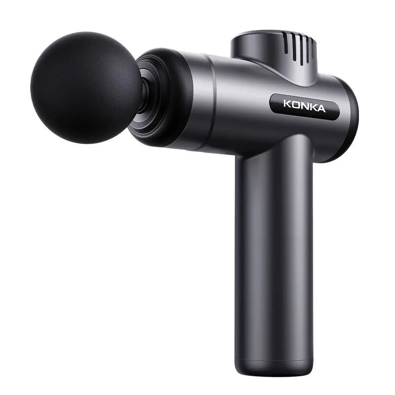 Konka grey mini massage gun with multiple attachment heads on red packaging