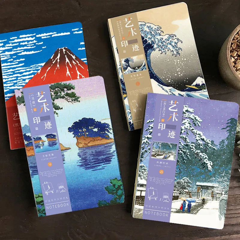 Ukiyo-e series hand ledger notebook with Kanagawa surfing village cover, 13.2 x 18.3 cm, open to show 100g Daolin paper.