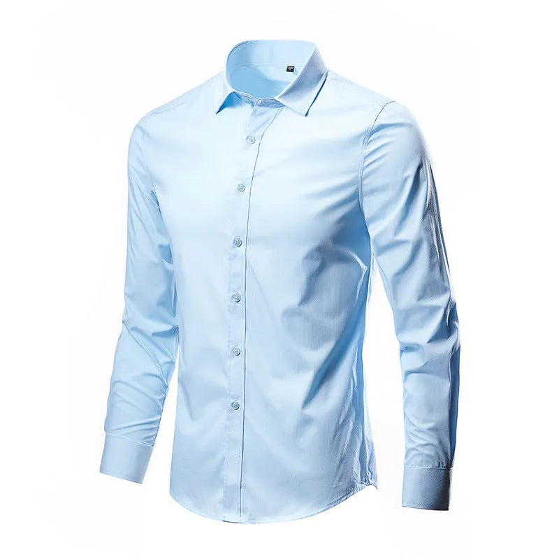 Men's loose-fit long-sleeve linen shirt in a slim style, shown in a neutral colour.